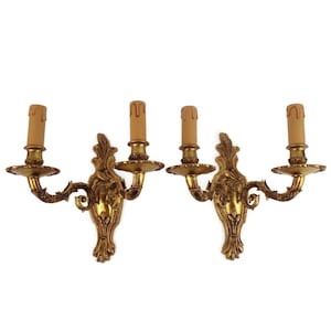 Antique Brass Sconces France, Pair Brass Wall Lamps