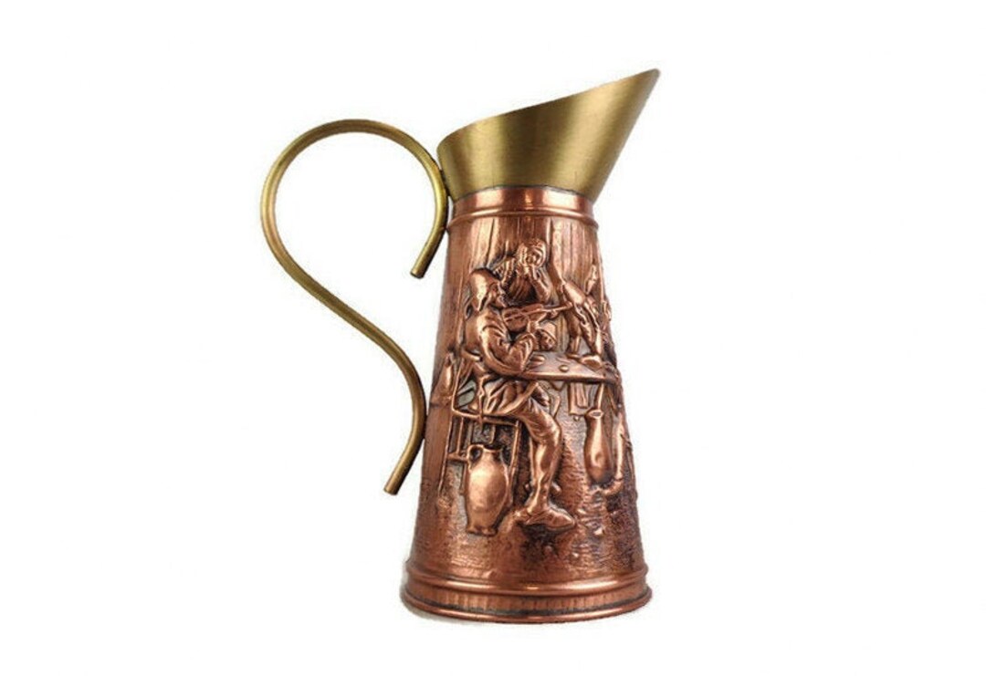 Vintage Copper Jug With Brass Decoration, Embossed Copper Pitcher