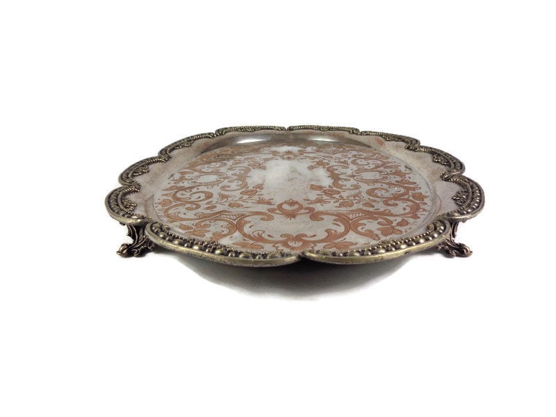 銅の装飾が施されたヴィンテージの銀メッキトレイ、銅の装飾が施された