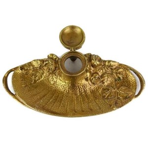 Antique Brass Inkwell, Vintage Engraved Brass Inkwell