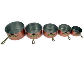 Vintage Copper Saucepan Set of 5, Copper Pan Set With Aluminium Inside and Brass Handles France