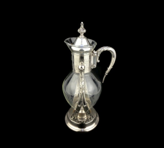 Vintage Glass Teapot With Stand, Glass Coffee Teapot With Candle Warmer and Silver Plated Stand, English Glass Decanter