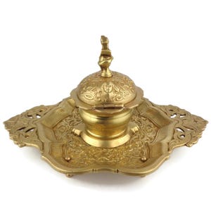Antique Brass Inkwell, Vintage Engraved Brass Inkwell