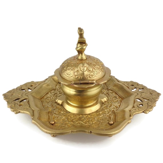 アンティーク真鍮インク壺、ヴィンテージ彫刻真鍮インク壺 - Etsy 日本