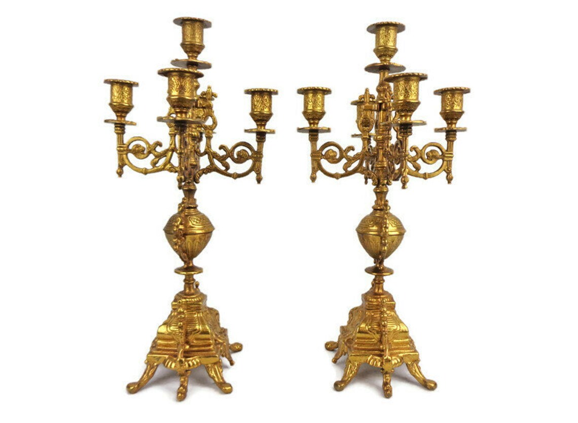 Antique Brass Mantle Clock and Candle Holders Set With German Etsy