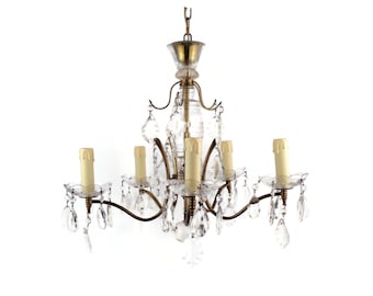 Antique Brass Chandelier With 5 Lamps, Vintage Hanging Lamp, Mid Century Chandelier