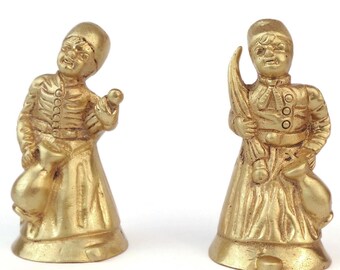 Antique Brass Bell Figurine Set, Victorian Bell Pair, Brass Hand Bells,