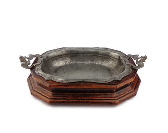 Vintage Pewter Tray, Zinn Serving Tray With Wooden Base