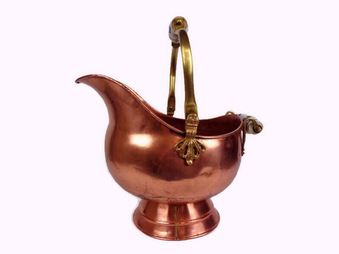 Vintage Copper Coal Bucket With Brass Decoration, Antique Copper