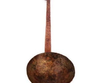 Antieke koperen pollepel, Franse koperen pollepel, jamlepel, handgemaakte koperen pollepel, handgegraveerde grote, massief koperen pollepel