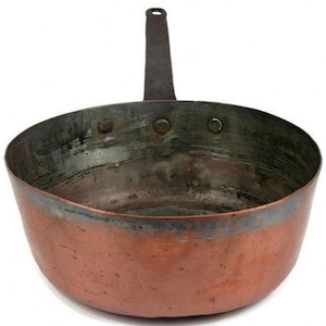 Grande casserole en cuivre, casserole en cuivre vintage avec poignée en fer forgé