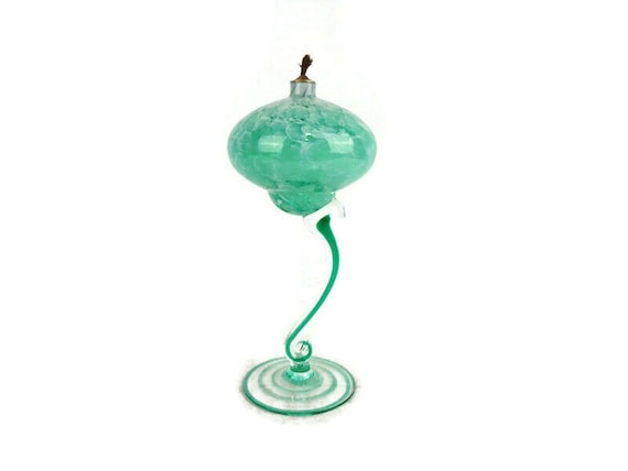 Тurquoise Glass Oil Lamp, Antique Glass Oil Table Lamp, Art Glass Oil Lamp, Handmade Glass Oil Lamp