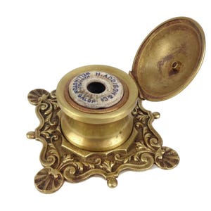 Antique Brass Inkwell, Vintage Engraved Inkwell, Desk Accessory, Office Decor