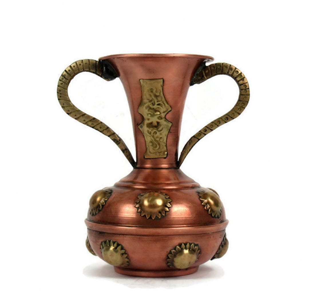 Antique Copper Amphora Vase With Brass Decoration, Vintage Copper Vase
