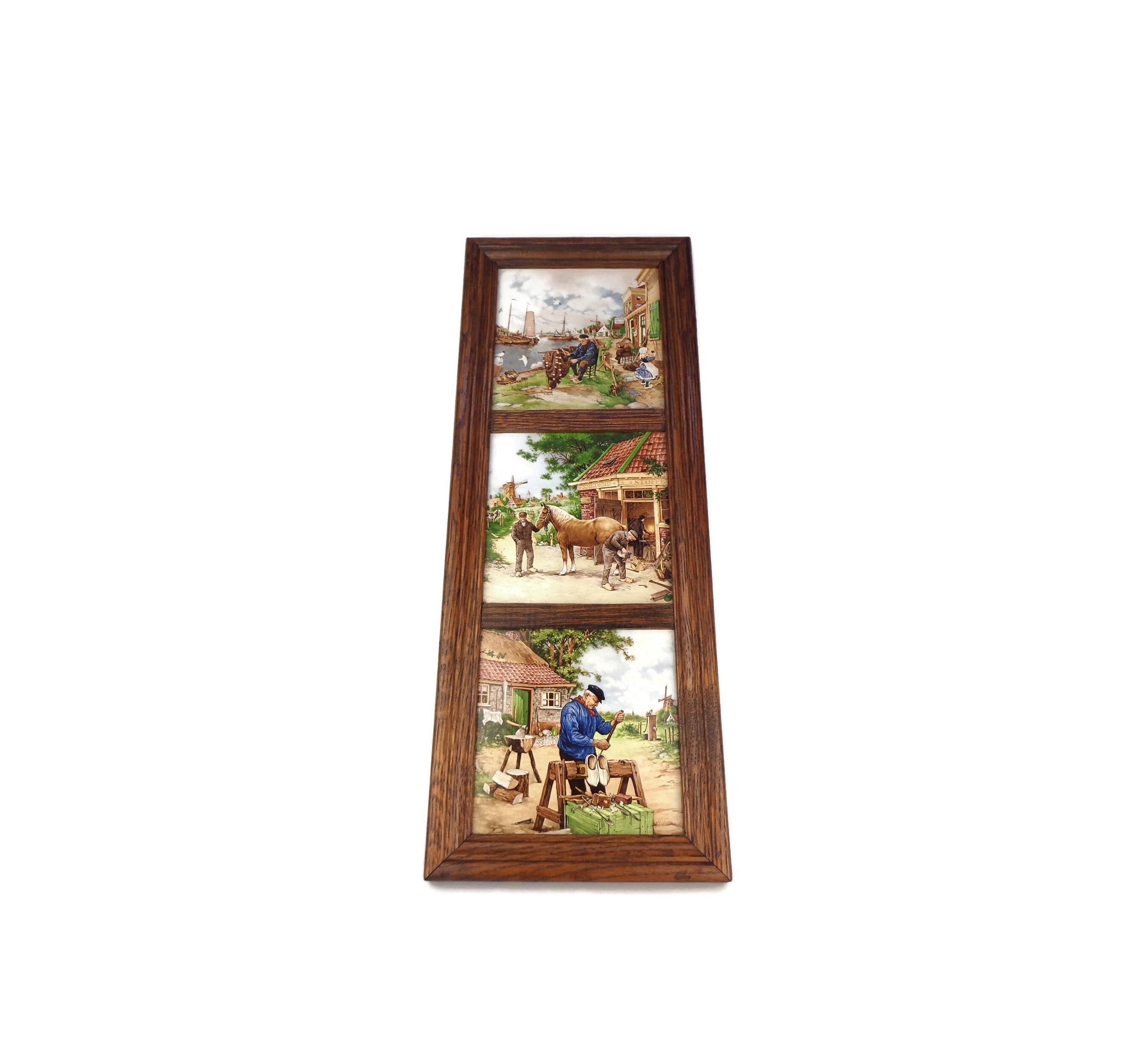 ヴィンテージ フレーム付き Royal Schwabap オランダ タイル、木製