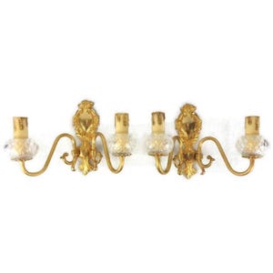 Antique Brass Sconces France, Pair Brass Wall Lamps With Glass Decoration