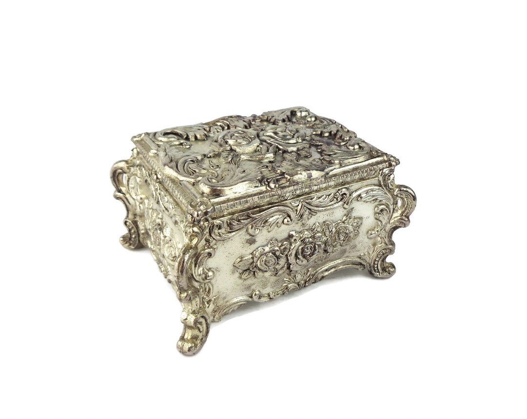 Antique Japanese Jewelry Box, Vintage Metal Jewelry Box With Red Velvet