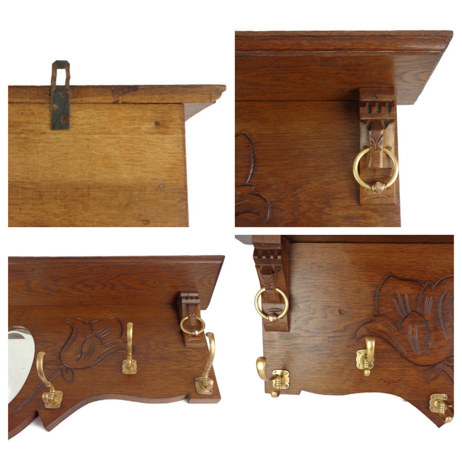 Vintage Carved Coat Rack Wooden Large Coat Hanger With Brass Etsy UK