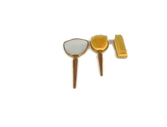 ENSEMBLE MIROIR À main et brosse à cheveux Anges métal doré. Années