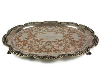 Vintage Silver Plated Tray With Copper Decoration, Antique Engraved Tray With Copper Ornate