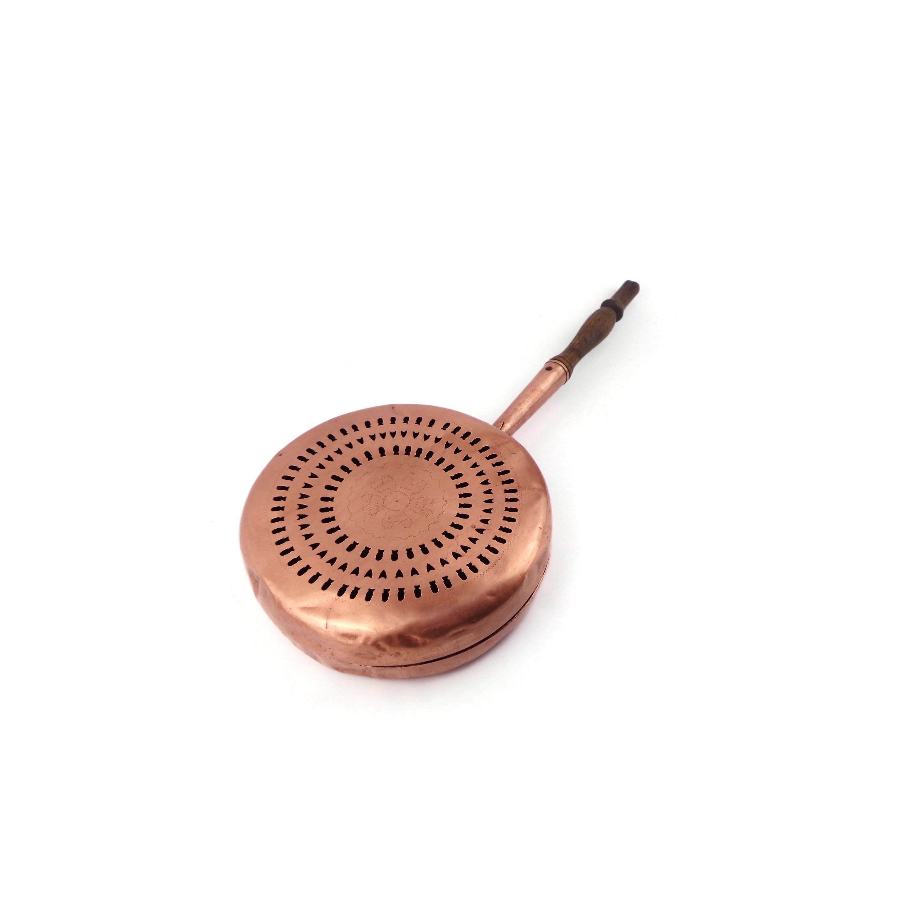 Antique Copper Bed Warmer With Wooden Handle, Handmade Copper Foot Warmer