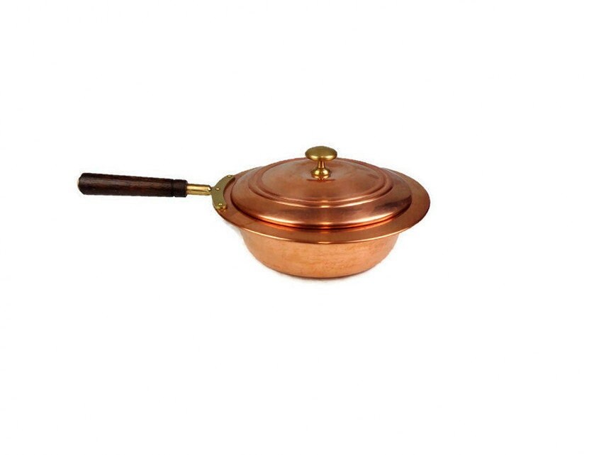 Vintage Copper Cooking Pot with Lid, Covered Copper Cooking Pan With Wooden Handle