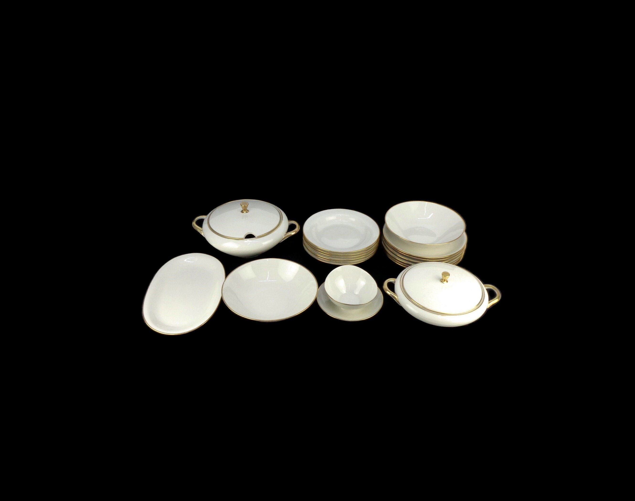 Service de table 24 pièces, blanc et doré, en porcelaine