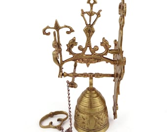 Antique Brass Door Knocker, Large Brass Door Bell, Cherub Door Knocker With Chain