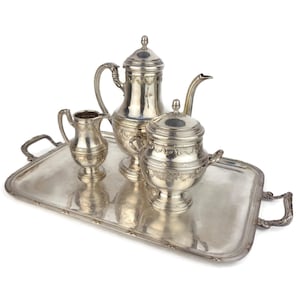 Conjunto de chá e café banhado a prata com bandeja, conjunto de chá e café antigo