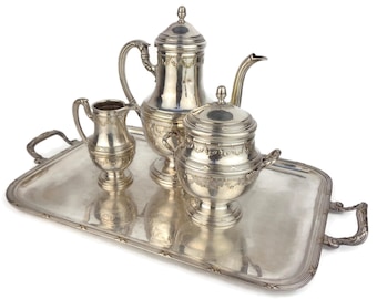 Silver Plated Tea Coffee Set with Tray, Antique Tea Coffee Set