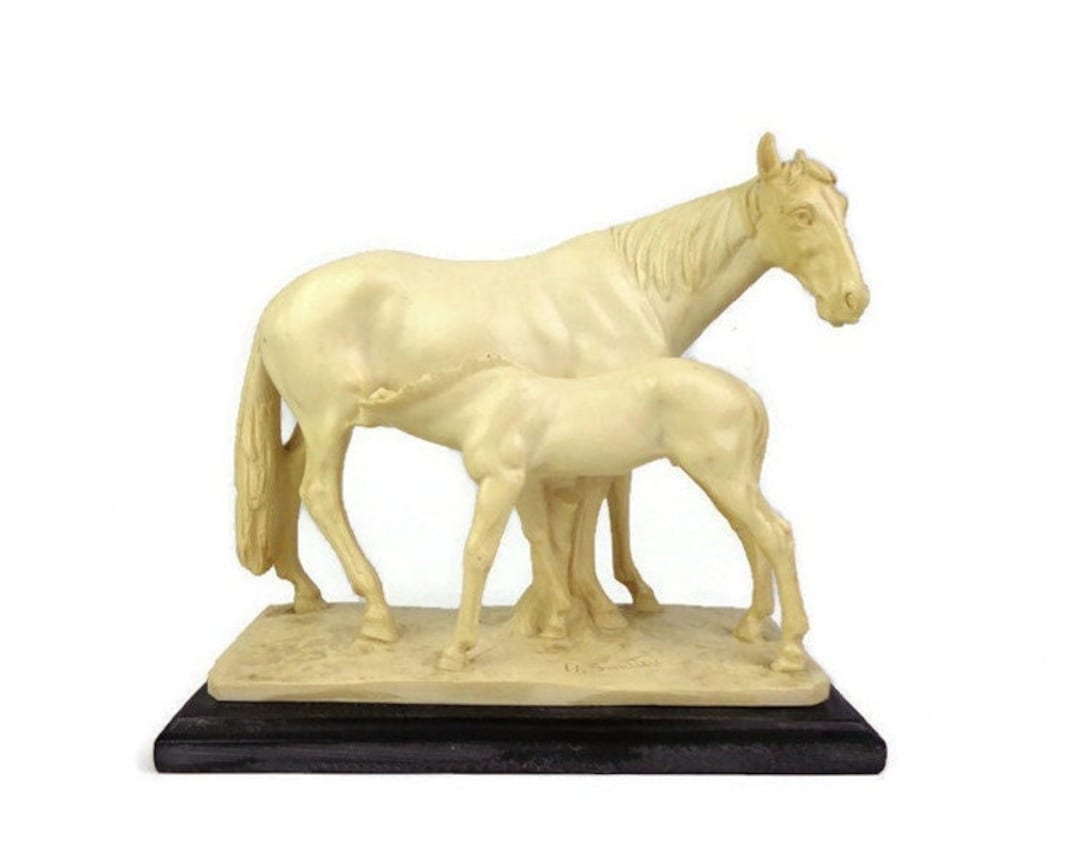 A Santini Sucking Foal Statue, Signed A Santini Horses Sculpture