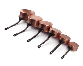 Vintage Copper Saucepan Set of 6, French Cooking Pans With Iron Handles