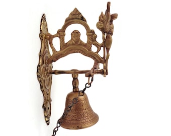 Antique Brass Door Knocker, Large Brass Door Bell, Cherub Door Knocker With Chain