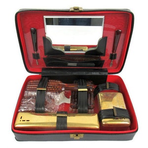 Set de viaje de artículos de tocador vintage con estuche de cuero original