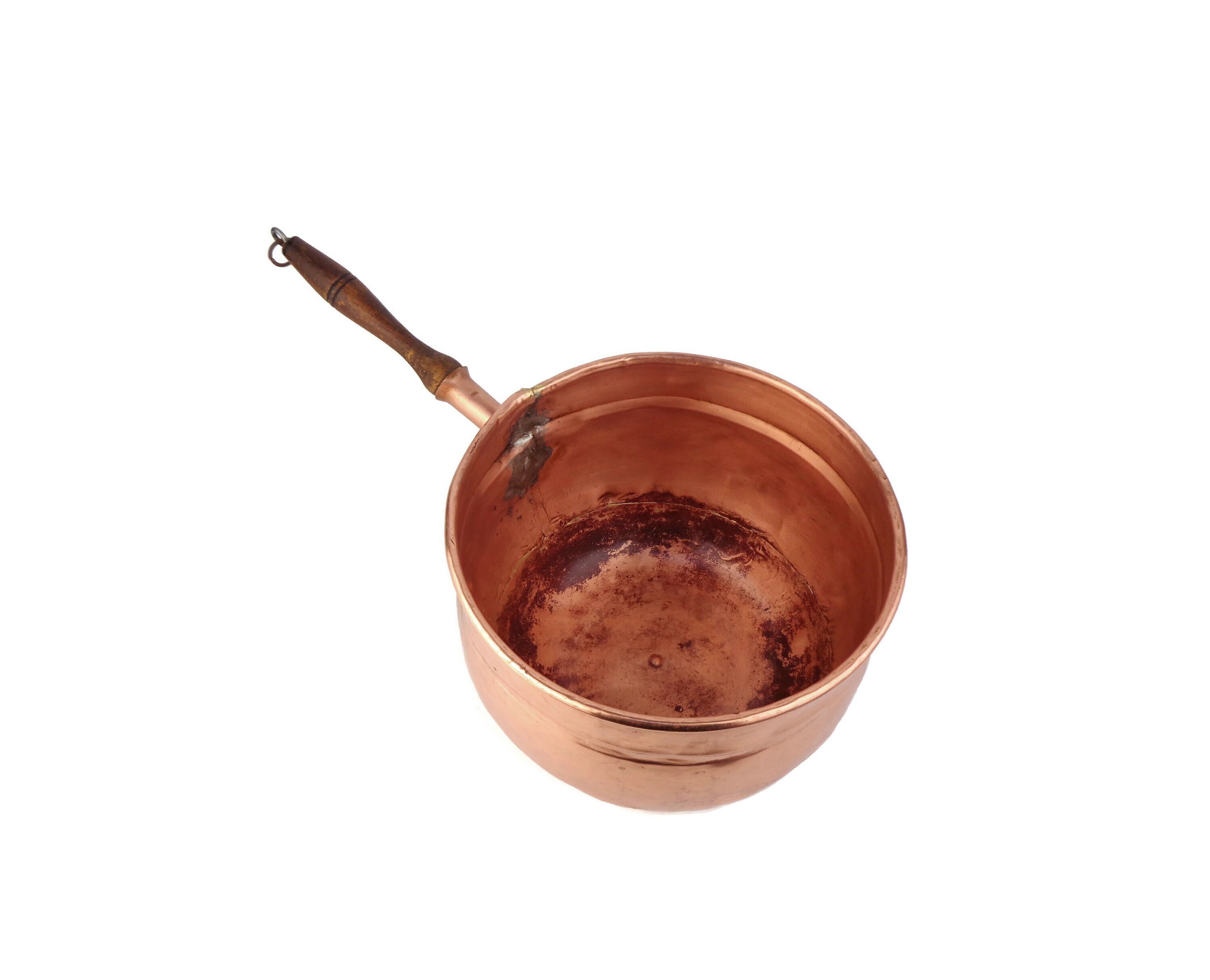 Vintage Copper Cooking Pan With Wooden Handle, Copper Casserole Pot
