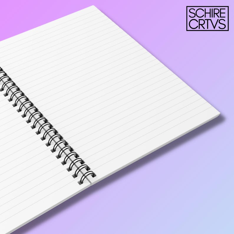 May include: A white spiral bound notebook with lined pages. The notebook is open to reveal the blank pages. The notebook is on a purple and blue gradient background.