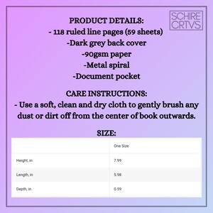May include: Product details for a dark grey spiral notebook with 118 ruled pages, a metal spiral binding, and a document pocket. The notebook measures 7.99 inches in height, 5.98 inches in length, and 0.59 inches in depth.