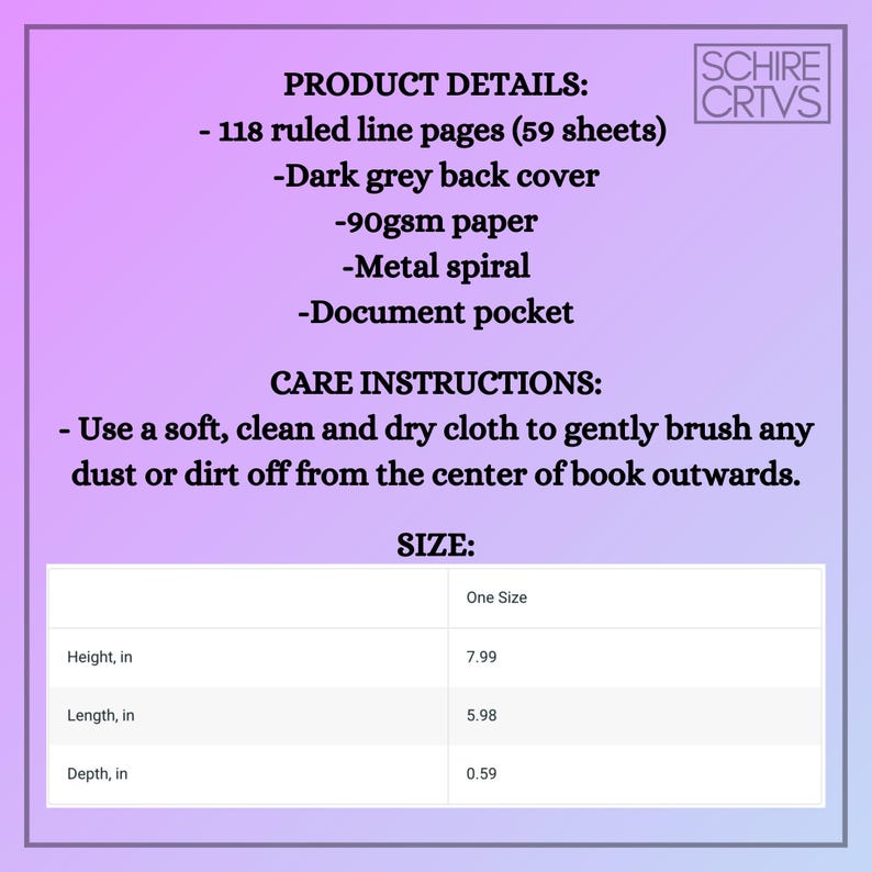 May include: Product details for a dark grey spiral notebook with 118 ruled pages, a metal spiral binding, and a document pocket. The notebook measures 7.99 inches in height, 5.98 inches in length, and 0.59 inches in depth.
