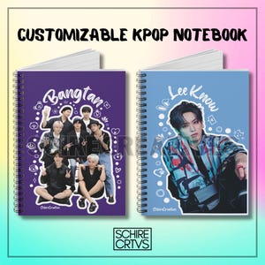 May include: Two customizable spiral notebooks with colorful covers. The left notebook features a purple cover with the text "Bangtan" and a group photo of seven people. The right notebook features a blue cover with the text "Lee Know" and a photo of one person. Both notebooks have white spiral binding.