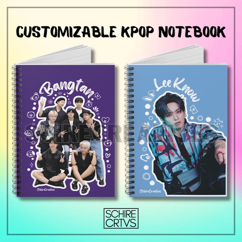 May include: Two customizable spiral notebooks with colorful covers. The left notebook features a purple cover with the text "Bangtan" and a group photo of seven people. The right notebook features a blue cover with the text "Lee Know" and a photo of one person. Both notebooks have white spiral binding.