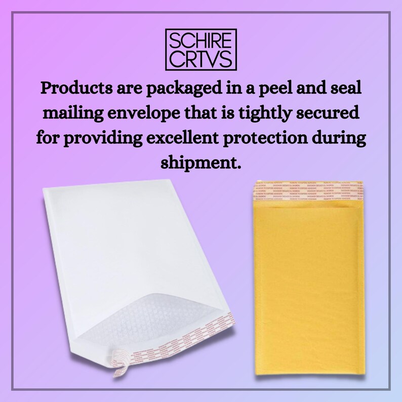 May include: Two mailing envelopes, one white with bubble wrap lining and one yellow, both with peel and seal closures.  Products are packaged in a peel and seal mailing envelope that is tightly secured for providing excellent protection during shipment.