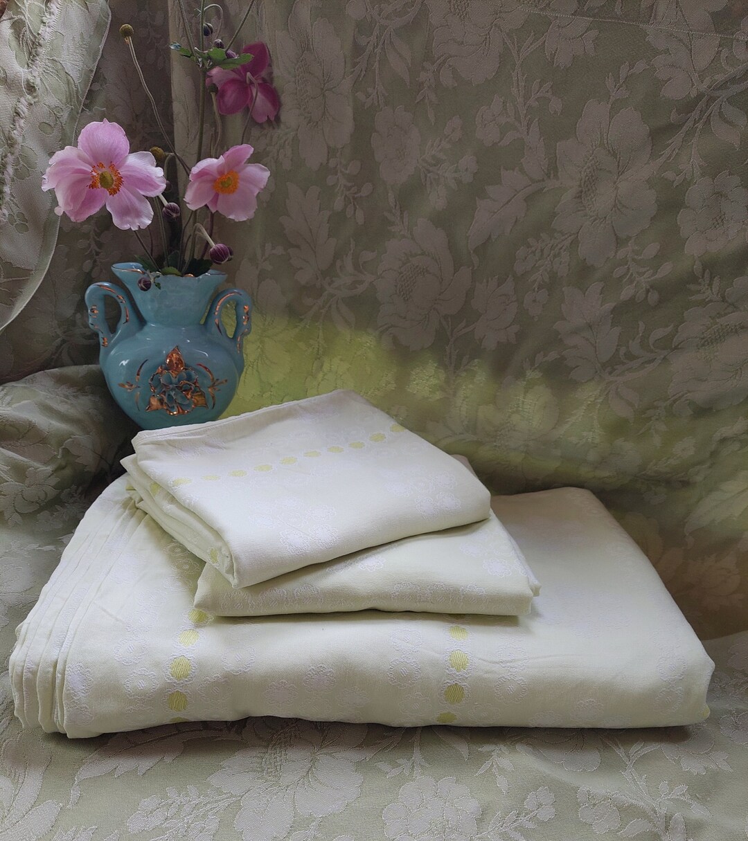 Vintage Bed Linen 60s Mint Green Pastel Damask Cotton Etsy