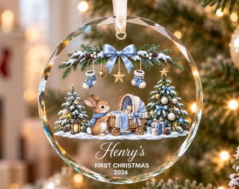 Custom Baby Glass Ornament, Personalized First Christmas Keepsake, Bunny Nursery Gift, Newborn Name Ornament, Baby Boy Christmas Gifts 2026