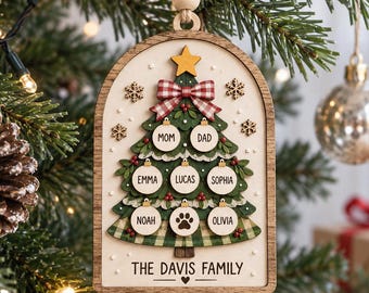 Personalized Family Christmas Ornament, Custom Names Tree Decor, Family With Pet Ornament, Dog Cat Keepsake,Christmas Gift for Parents, Wood