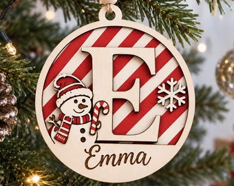 Personalized Initial Christmas Ornament, Custom Name Ornament, Snowman Tree Decor, Monogram Xmas Gift, Kids Holiday Keepsake, Wood Ornament