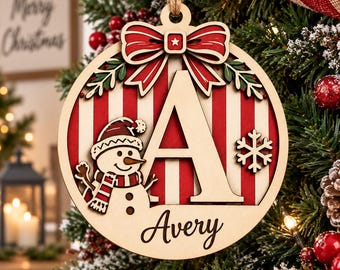 Custom Initial Wood Ornament, Personalized Name Christmas Gift, Snowman Monogram Keepsake, Kids Holiday Tree Ornament, Christmas Decor 2026