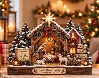 Custom Family Nativity Wooden Block, Personalized Christmas Decor, Jesus Mary Joseph Manger Scene, Christian Family Gift, Holiday Decor