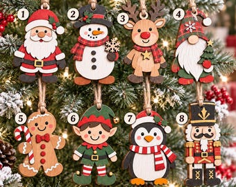 Wooden Christmas Ornaments, Santa Snowman Reindeer Gnome Elf Penguin Nutcracker Gingerbread, Xmas Tree Decor, Holiday Gift, Rustic Keepsake