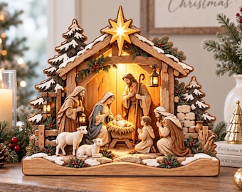 Christmas Nativity Wooden Block, Holy Family Manger Scene Decor, Jesus Mary Joseph Christmas Decor, Christian Religious Gift,