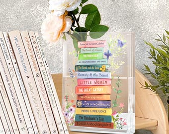 Gepersonaliseerde favoriete boeken Acryl boekenvaas, aangepaste boekenplank boekenliefhebber cadeau, bloemen Cottagecore leesgrage cadeau voor moeder verjaardag vrienden